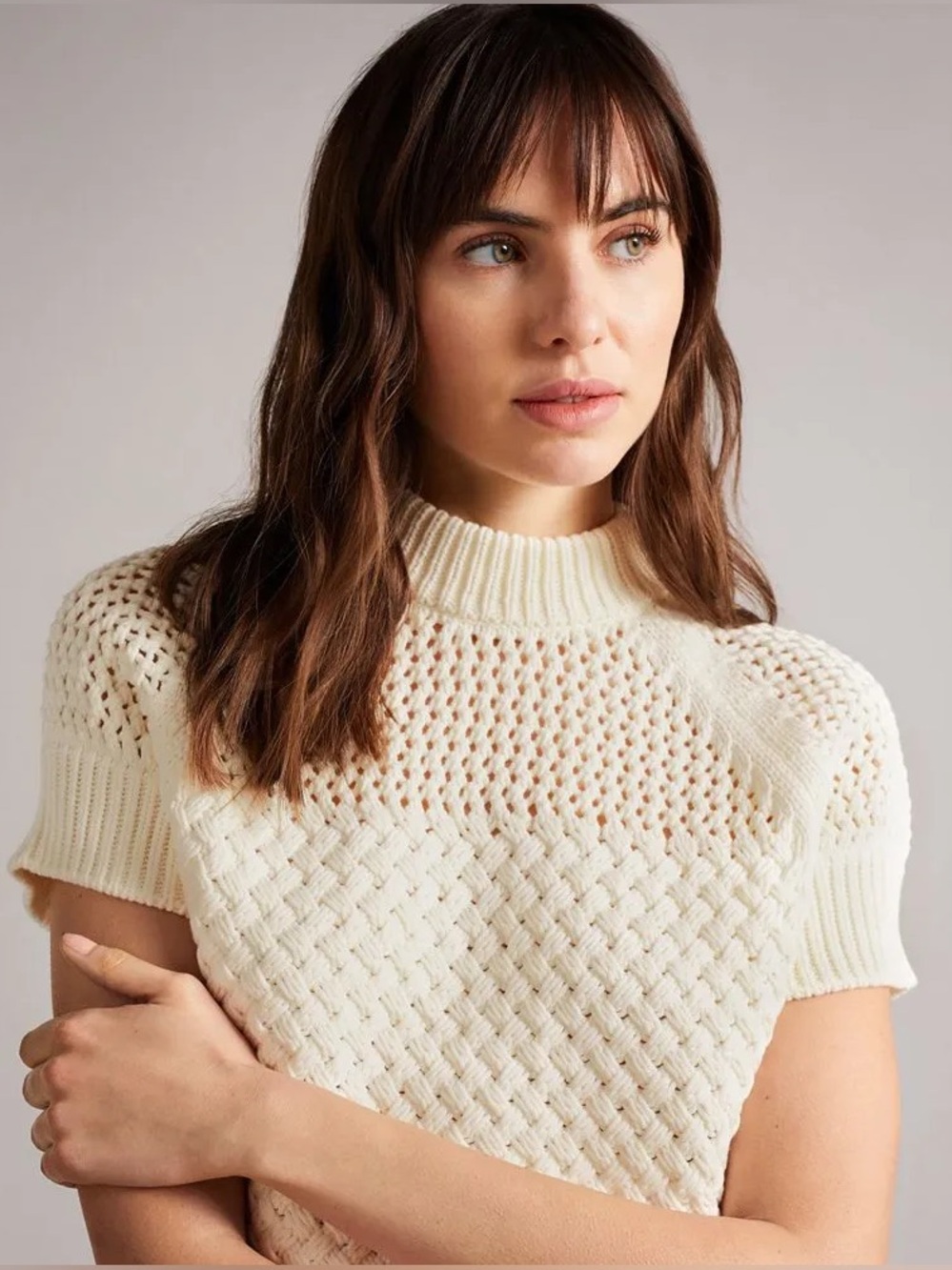 Ted Baker Stena openstitch short sleeve bottom top cream size Large